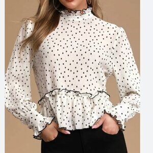 MOODIE Women Small Polka Dot Sheer Ruffle Mock Neck Peplum Blouse